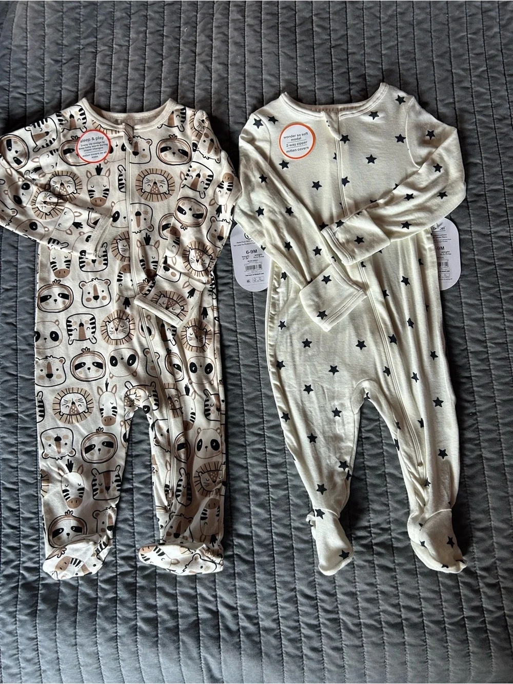Wonder Nation neutral Animal & Star Print Cotton One-Piece Sleepers - 2-Pack